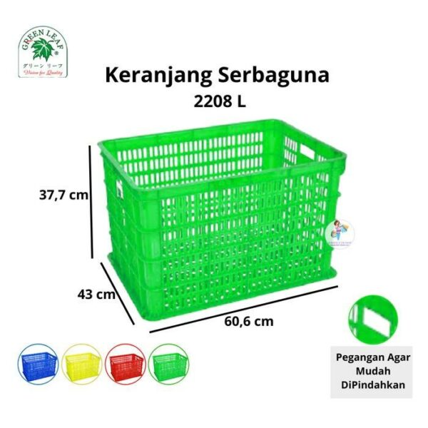 KERANJANG PLASTIK INDUSTRI 2208 L (LUBANG) GREEN LEAF UKURAN 60,6 x 43 x 37,7 CM | KERANJANGPLASTIK.ID | KIRIM KE SELURUH INDONESIA