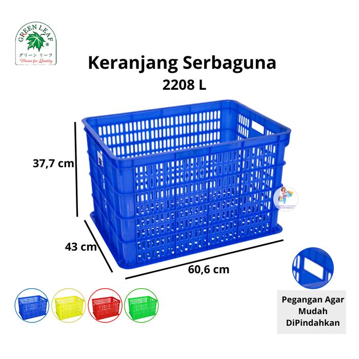 KERANJANG PLASTIK INDUSTRI 2208 L (LUBANG) GREEN LEAF UKURAN 60,6 x 43 x 37,7 CM | KERANJANGPLASTIK.ID | KIRIM KE SELURUH INDONESIA