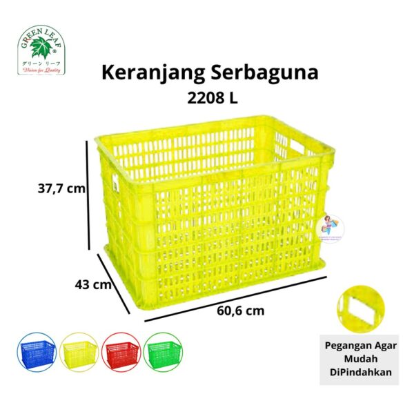 KERANJANG PLASTIK INDUSTRI 2208 L (LUBANG) GREEN LEAF UKURAN 60,6 x 43 x 37,7 CM | KERANJANGPLASTIK.ID | KIRIM KE SELURUH INDONESIA