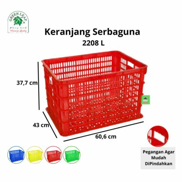 KERANJANG PLASTIK INDUSTRI 2208 L (LUBANG) GREEN LEAF UKURAN 60,6 x 43 x 37,7 CM | KERANJANGPLASTIK.ID | KIRIM KE SELURUH INDONESIA
